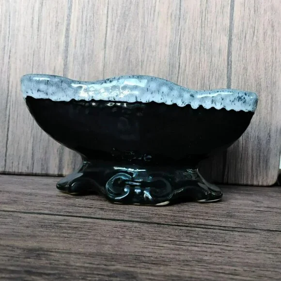 McCoy USA Pottery Pedestal Planter, Black with Grey White Foam Glaze Bowl 8.5" - Picture 10 of 11